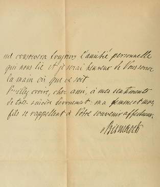 Autografo riprodotto fotograficamente: lettera di Bismarck a Crispi.