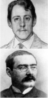composite image of two photographs of two younger men, the first has a pencil moustache and is looking into the camera; the second is has a large moustache and spectacles and is seen in semi-profile from his right