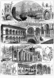  An engraving showing at the top a sailing ship and paddle steamer in a harbour, with sheds and a church spire. On either side arched gateways, all above a scroll with the word 