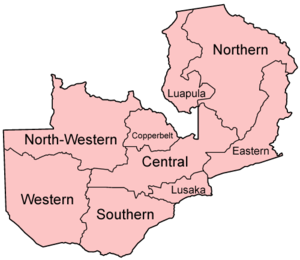 A clickable map of Zambia exhibiting its nine provinces.