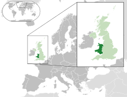 Location of  Wales  (dark green)– in Europe  (green & dark grey)– in United Kingdom  (green)