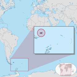 Location of the Falkland Islands relative to the United Kingdom (white, top centre).