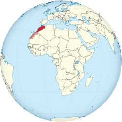 Dark red: Internationally recognized territory of Morocco.Lighter striped red: Western Sahara, a disputed territory mostly administered by Morocco as its Southern Provinces.
