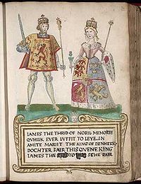 A picture on a page in an old book. A man at left wears tights and a tunic with a lion rampant design and holds a sword and scepter. A woman at right wears a dress with an heraldic design bordered with ermine and carries a thistle in one hand and a scepter in the other. They stand on a green surface over a legend in Scots that begins 