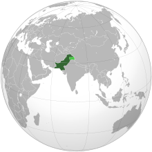 Area controlled by Pakistan shown in dark green; claimed but uncontrolled territory shown in light green.
