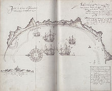 Old map showing a Mauritian bay, with a D indicating where Dodos were found