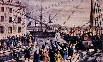 Two ships in a harbour, one in the distance. On board, men stripped to the waist and wearing feathers in their hair are throwing crates overboard. A large crowd, mostly men, is standing on the dock, waving hats and cheering. A few people wave their hats from windows in a nearby building. Monopolistic activity by the company triggered the Boston Tea Party.