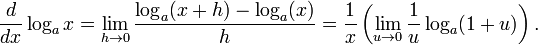 \frac{d}{dx}\log_a x = \lim_{h\to 0}\frac{\log_a(x+h)-\log_a(x)}{h}=\frac{1}{x}\left(\lim_{u\to 0}\frac{1}{u}\log_a(1+u)\right).