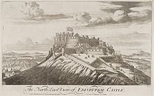 Engraving of a castle on top of a steep hill, above the title 