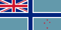 Sky blue flag with concentric circle RNZAF icon in right half and Union Flag as top left-hand quarter.