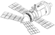 A line diagram of a space station module consisting of a large cylinder with a shallow cone at one end and a steeper cone at the other. The shallow cone has a docking port mounted in the centre, while the steeper cone has two large solar arrays projecting from it. Two more arrays are mounted at the base of the cone.