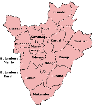 A clickable map of Burundi exhibiting its seventeen provinces.
