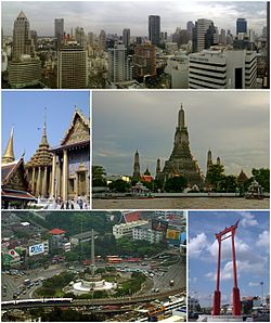 A composite image, the top row showing a skyline with several skyscrapers; the second row shows, on the left, a Thai temple complex, and on the right, a temple with a large stupa surrounded by four smaller ones on a river bank; and the third rowing showing, on the left, a monument featuring bronze figures standing around the base of an obelisk, surrounded by a large traffic circle, with an elevated rail line passing in the foreground, and on the right, a tall gate-like structure, painted in red