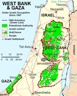 Green: Areas of Palestinian National Authority control (in the West Bank) and Hamas government control (Gaza Strip) as of 2007.