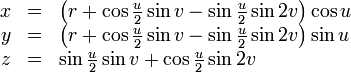 \begin{array}{rcl}
x & = & \left(r + \cos\frac{u}{2}\sin v - \sin\frac{u}{2}\sin 2v\right) \cos u\\
y & = & \left(r + \cos\frac{u}{2}\sin v - \sin\frac{u}{2}\sin 2v\right) \sin u\\
z & = & \sin\frac{u}{2}\sin v + \cos\frac{u}{2}\sin 2v
\end{array}