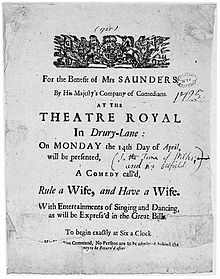 Sheet of paper advertising the performance of a comedy at the Theatre Royal, Drury Lane, inscribed: 