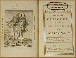 Frontispiece—an engraving of a donkey burdened by a pile of books—and title page of a book, incribed 