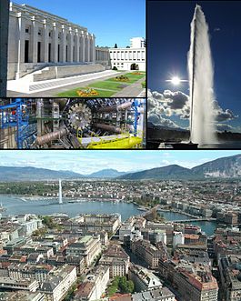Geneva - Top left: Palace of Nations, Middle left: ATLAS experiment at CERN, Right: Jet d'Eau, Bottom: View over Geneva and the lake.