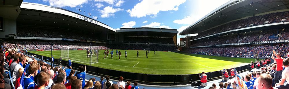 A panorama of Ibrox Stadium from the Broomloan Road End. This picture was taken the first match of the 2011/12 season, against Hearts of Midlothian.