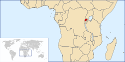 Map showing the central part of Africa, with Rwanda coloured in red
