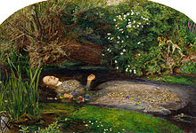 A painting shows the body of a woman, floating on her back in a pond surrounded by plants and flowers. Her eyes and mouth are open, and her open-palmed hands are extended above the water.