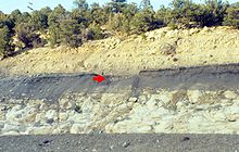 A cliff with pronounced layered structure: yellow, gray, white, gray. A red arrow points between the yellow and gray layers.