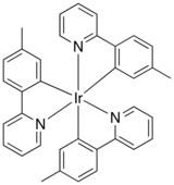 Skeletal formula of a chemical compound with iridium atom in its center, bonded to 6 benzol rings. The rings are pairwise connected to each other.
