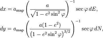   \begin{align}
 & dx = a_\text{map} \left(\frac{a}{\sqrt{1-e^2 \sin^2 \varphi }}\right)^{-1} \sec \varphi \, dE ,\\
& dy = a_\text{map} \left(\frac{a(1- e^2)}{\left(1-e^2 \sin^2 \varphi\right)^{3/2}}\right)^{-1} \sec \varphi \, dN ,
 \end{align}
