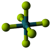 A molecule diagram, with a blue sphere being connected with a stick to 6 yellow-green ones to form an octahedron