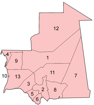 A clickable map of Mauritania exhibiting its twelve regions and one capital district.