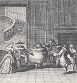 Refinement meets burlesque in Restoration comedy. In this scene from George Etherege's Love in a Tub, musicians and well-bred ladies surround a man who is wearing a tub because he has lost his trousers.