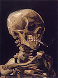 A human skull, bare bones of a neck and shoulders. The skull has a lit cigarette between its teeth.