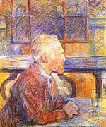 blue-hued pastel drawing of a man facing right, seated at a table with his hands and a glass on it while wearing a coat and with windows in the background