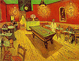 patrons are present at a sparsely attended venue with half full seating tables along the right and left walls, while the back wall has a taller piece of furniture with bottles atop it next to a doorway and in the center of the room is a large piece of furniture that may be a billiards table. Bright lanterns hang from the ceiling and one person is standing.