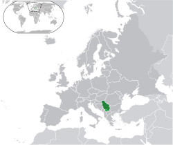 Location of Serbia (green) – Kosovo (light green) on the European continent (dark grey)