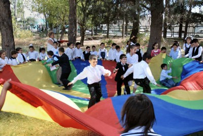 Children enjoying activities of SOS Playbus in Tbilisi, Georgia