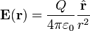 \ Mathbf {E} (\ mathbf {r}) = \ frac {Q} {4 \ pi \ varepsilon_0} \ frac {\ hat {\ mathbf {r}}} {r ^ 2}