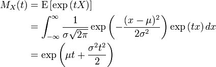 \ Begin {align} m_x (t) & {} = \ mathrm {E} \ left [\ exp {(TX)} \ right] \\ & {} = \ int _ {- \ infty} ^ {\ infty} \ frac {1} {\ sigma \ sqrt {2 \ pi}} \ exp {\ left (- \ frac {(x - \ mu) ^ 2} {2 \ sigma ^ 2} \ right)} \ {exp (tx )} \, dx \\ & {} = \ exp {\ left (\ mu t + \ frac {\ sigma ^ 2 t ^ 2} {2} \ right)} \ end {align}