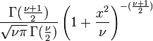 \ Frac {\ Gamma (\ frac {\ nu + 1} {2})} {\ sqrt {\ nu pi \} \, \ Gamma (\ frac {\ nu} {2})} \ left (1+ \ frac {x ^ 2} {\ nu} \ right) ^ {- (\ frac {\ nu + 1} {2})} \!