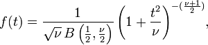 f (t) = \ frac {1} {\ sqrt {\ nu} \, B \ dejó (\ frac {1} {2}, \ frac {\ nu} {2} \ right)} \ left (1+ \ frac {t ^ 2} {\ nu} \ right) ^ {- (\ frac {\ nu + 1} {2})} \ !,