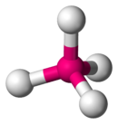 Modelo de esqueleto de una molécula de terahedral con un átomo central (Uuo) simétricamente unido a cuatro) átomos de flúor (periféricos.
