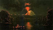 Pintura de un volcán cónico en erupción en la noche desde el lado.