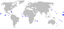 mapa del mundo con las zonas azules esparcidas a través del Atlántico, Índico y Pacífico, con excepción de las regiones polares