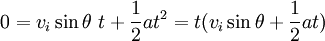 0 = v_i \ sin \ theta \ t + \ frac {1} {2} a ^ 2 = t (v_i \ sin \ theta + \ frac {1} {2} a)