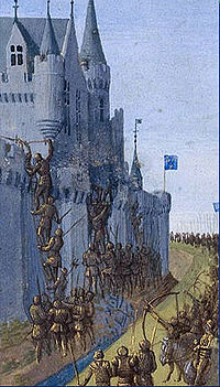Soldados Blindados desplegar escaleras en preparación para escalar un castillo. Los arqueros están detrás de los soldados y disparar con sus arcos y flechas.