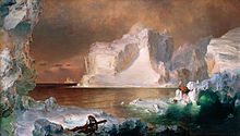 Painting of icebergs, with one white iceberg dominating the center of the work and dark blue and black icebergs framing the piece. The work is painted in a suggestive style rather than with precise detail.
