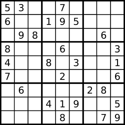 Una cuadrícula típica rompecabezas Sudoku, con nueve filas y nueve columnas que se cruzan en espacios cuadrados. Algunos de los espacios están precargadas con un número de cada uno; otros son espacios en blanco para un programa de solución para llenar con un número.