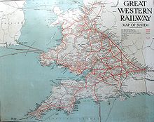 Un mapa que muestra Gales y el suroeste de Inglaterra. Las palabras Gran Restern ferroviarias