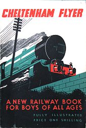 Una imagen estilizada de la parte delantera de una locomotora de vapor, visto desde muy abajo y creó conuna paleta subduded que es principalmente verde y negro pero con título rojo y subtítulo