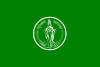 Una bandera rectangular verde con el sello de Bangkok en el centro